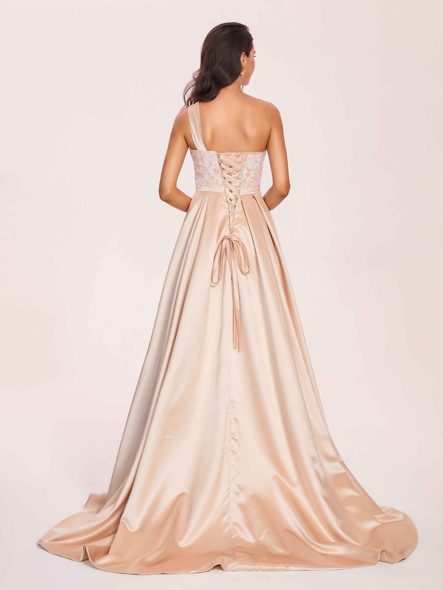 Champagne One Sholder Long with Diamond Waist and Attached Train Formal Prom Dress